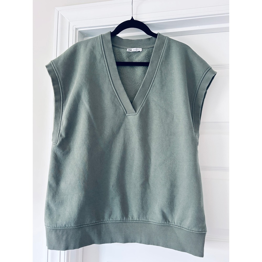 Zara Oversize Khaki Plush V-Neck Vest Capped Sleeve Fleece Top Medium - Picture 5 of 8
